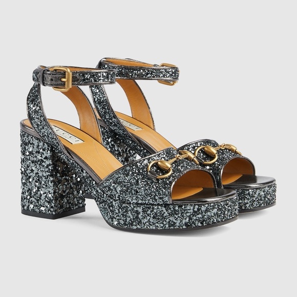 GUCCI Glitter Nappa Silk Lady Horsebit 60mm Platform Sandals 37.5 - Picture 1 of 8